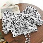 Puff-sleeve Floral Print Drawcord Crop Top White - One Size