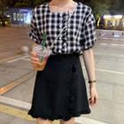 Plaid Short-sleeve Square Neck Blouse / Frill Trim A-line Skirt