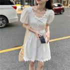 Puff-sleeve Scalloped Edge Mini A-line Dress