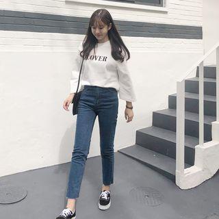 3/4-sleeve Letter Print T-shirt Ivory - One Size
