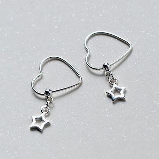 Star Heart Sterling Silver Dangle Earring 1 Pair - S925 Silver Earrings - Silver - One Size