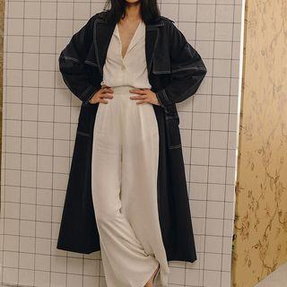 Stand-collar Tie-waist Pocket Trench Coat