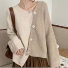 Long-sleeve Asymmetric Two-tone Buttoned Knit Top