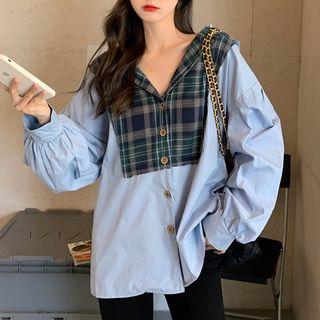 Long-sleeve Frill Trim Plaid Panel V-neck Blouse Blue & Green - One Size