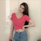 Short-sleeve Ribbed Knit Top Rose Pink - One Size