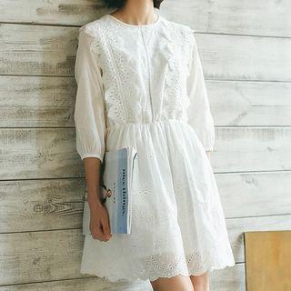 3/4-sleeve Perforated Mini A-line Dress White - One Size