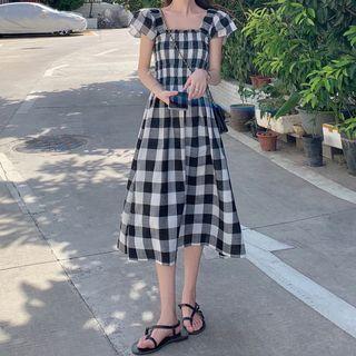Short-sleeve Plaid Midi A-line Dress / Top