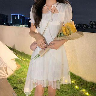Short-sleeve Irregular Mini A-line Dress White - One Size