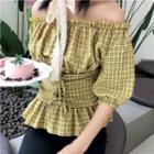 Check Off-shoulder Long-sleeve Crooped Blouse