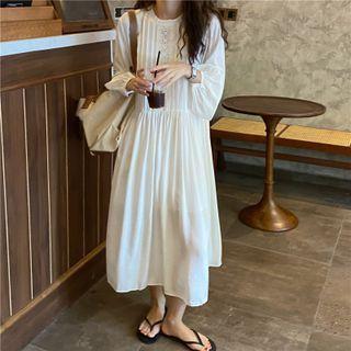 Lantern-sleeve Plain Pleated Loose Fit Dress