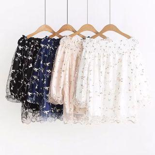 Flower Embroidered Off Shoulder Long Sleeve Blouse
