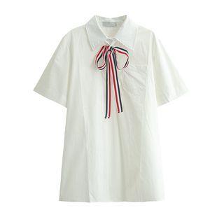 Short-sleeve Tie Neck Shirt Dress