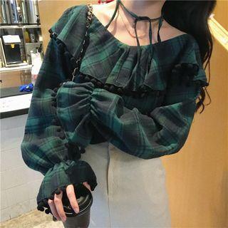Plaid Off-shoulder Lantern-sleeve Blouse