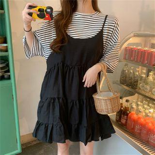Set: Elbow-sleeve Striped T-shirt + Spaghetti Strap Mini A-line Dress