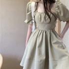 Puff-sleeve Plaid Cutout Mini A-line Dress