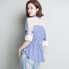 Crochet Panel Elbow-sleeve Striped Shirt