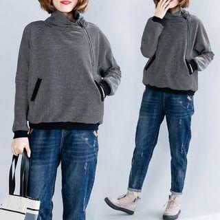 Mock-turtleneck Zip-up Striped Pullover