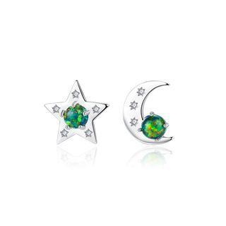 Sterling Silver Fashion Simple Star Moon Green Imitation Opal Earrings With Cubic Zirconia Silver - One Size