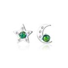 Sterling Silver Fashion Simple Star Moon Green Imitation Opal Earrings With Cubic Zirconia Silver - One Size