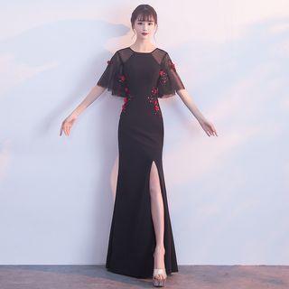 Flower Applique Elbow Sleeve Side Slit Evening Gown