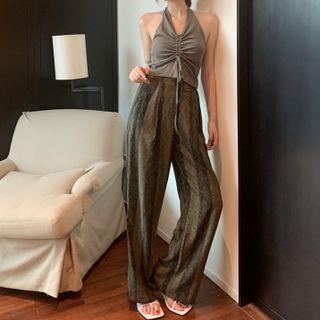 Halter-neck Drawstring Crop Tank Top / Print Wide-leg Pants