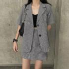 Elbow-sleeve Single-breasted Check Blazer / Camisole Top / Mini A-line Skirt
