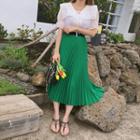 Band-waist Pleated Long Skirt Green - One Size