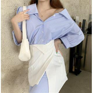 Striped Long-sleeve Shirtdress / Irregular Slim-fit Skirt