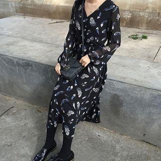 Long-sleeve Printed Midi A-line Dress