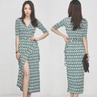 Print Elbow-sleeve Sheath Midi Dress