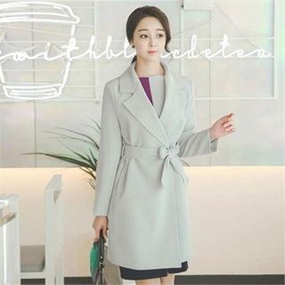Wide-collar Long Jacket With Sash