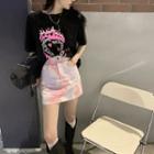 Short-sleeve Crown Print T-shirt / Tie-dyed A-line Skirt