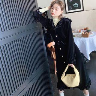 Long-sleeve Ruffle Trim Velvet Midi A-line Dress