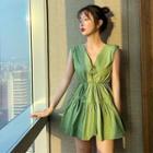 Sleeveless Lace-up A-line Mini Dress Green - One Size