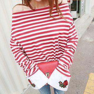 Off-shoulder Flower-patch Stripe Top