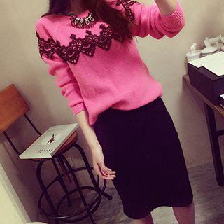 Set: Lace Panel Long-sleeve Knit Top + Skirt