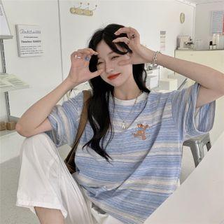 Elbow-sleeve Bear Embroidered Striped T-shirt