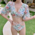 Flower Print Elbow-sleeve Bikini