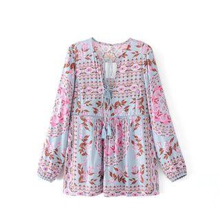 Long-sleeve Tie Front Patterned Top