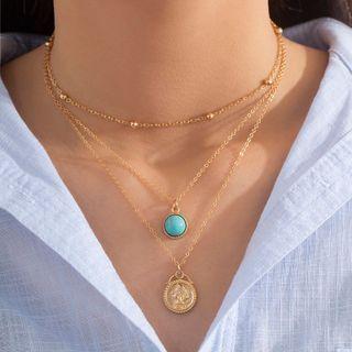 Set Of 3: Alloy Disc / Turquoise Pendant / Alloy Necklace