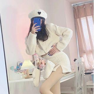 Set: Fleece Cropped Button Jacket + Mini Pencil Skirt + Mittens