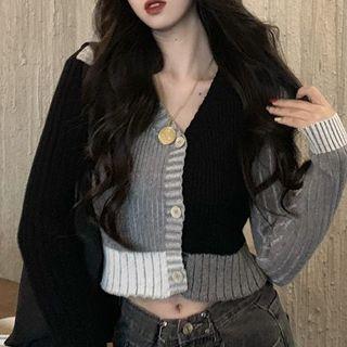 Color Block V-neck Cardigan Gray & Black - One Size