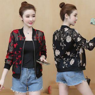 Floral Embroidered Chiffon Zip Jacket