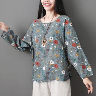 Ethnic Print Cotton Linen Long-sleeve Round-neck Top