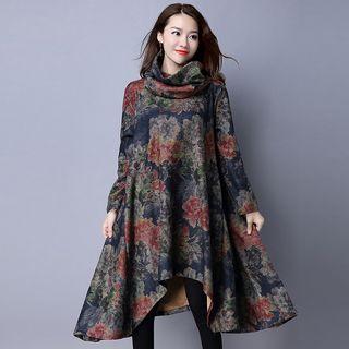 Printed Long-sleeve Dress With Circle Scarf