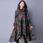 Printed Long-sleeve Dress With Circle Scarf