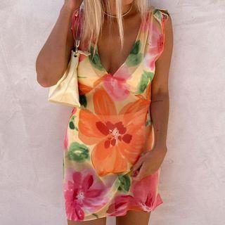 Sleeveless V-neck Floral Print Mini Dress