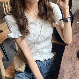 Short-sleeve Ruffled Pointelle Knit Top