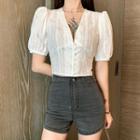V-neck Puff-sleeve Cropped Top White - One Size