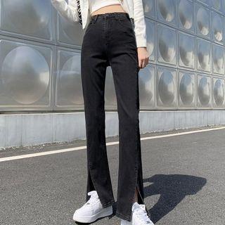 High Rise Split Hem Straight Leg Jeans